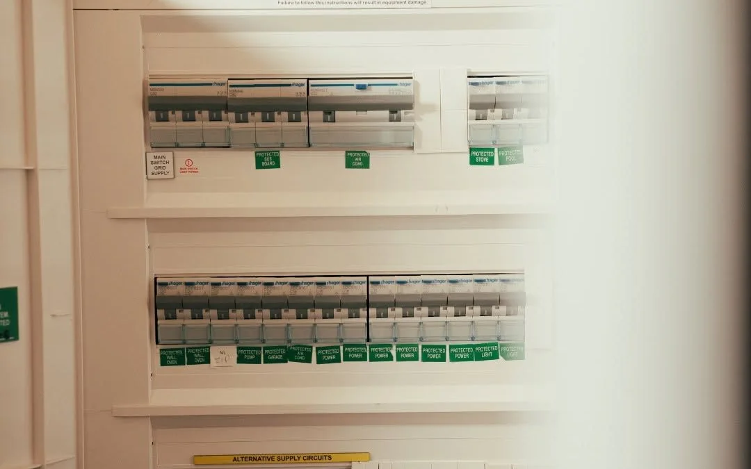 Rows of circuit breakers with green circuit labels inside a switchboard